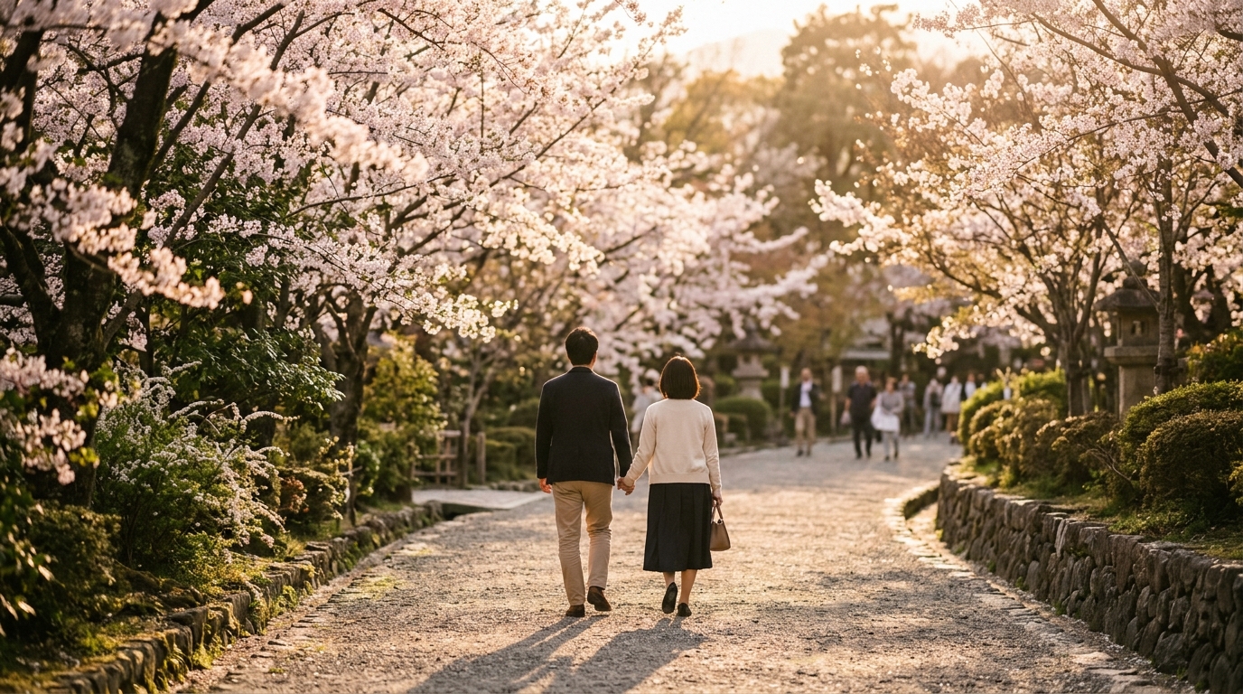桜並木を手をつないで歩く二人の後ろ姿