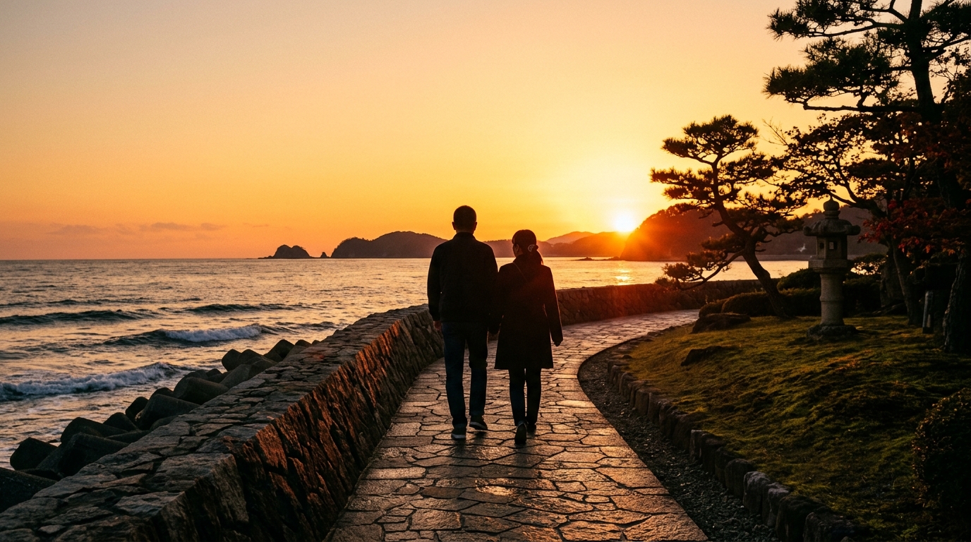 夕暮れの海辺の石畳を手をつないで歩く二人の後ろ姿