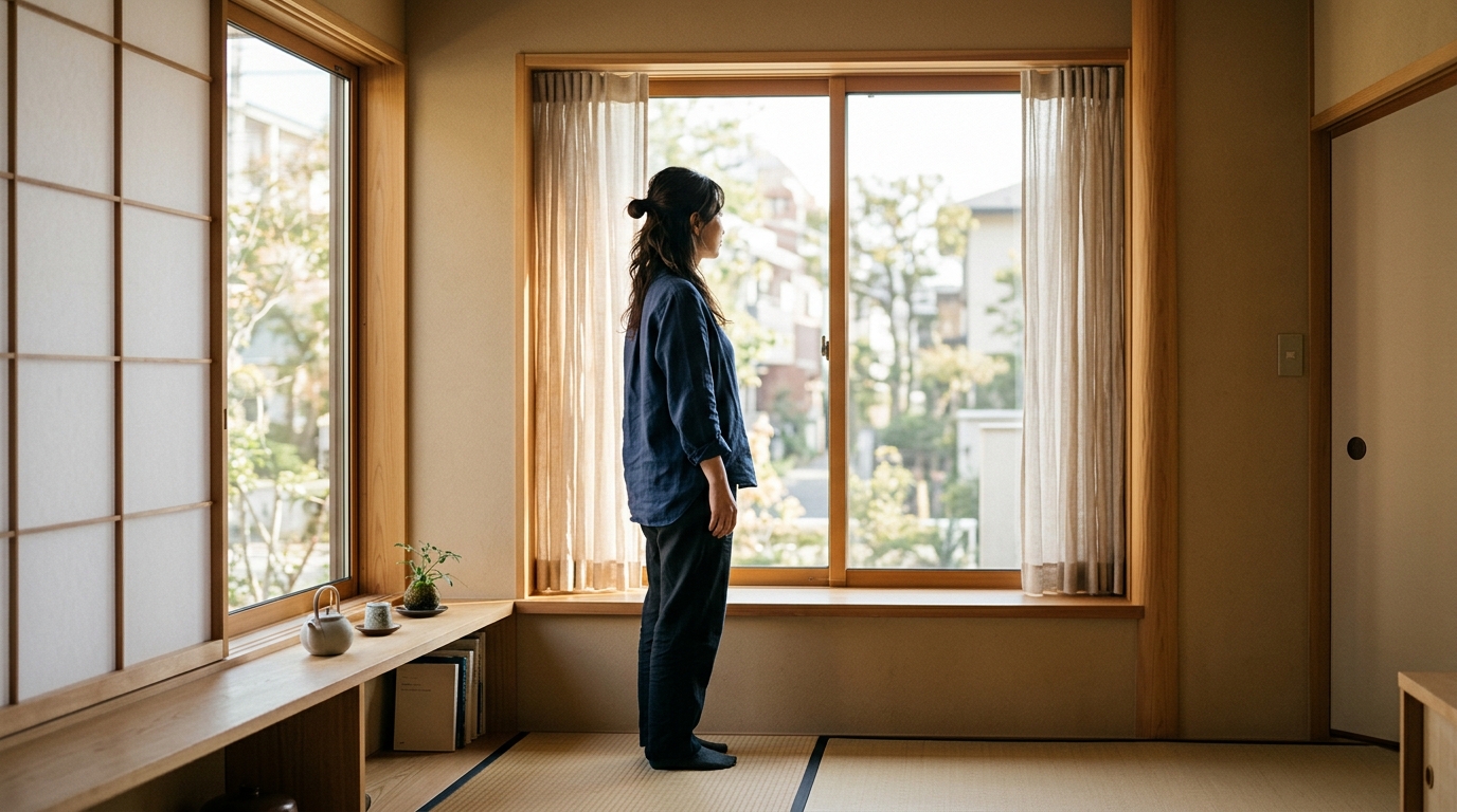 和室の窓辺で外を眺める女性